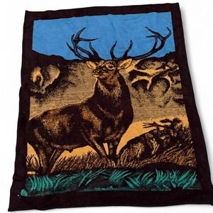 Vintage SAN MARCOS Hi Pile Reversible Blanket Throw Buck Elk Wildlife 60"x80"